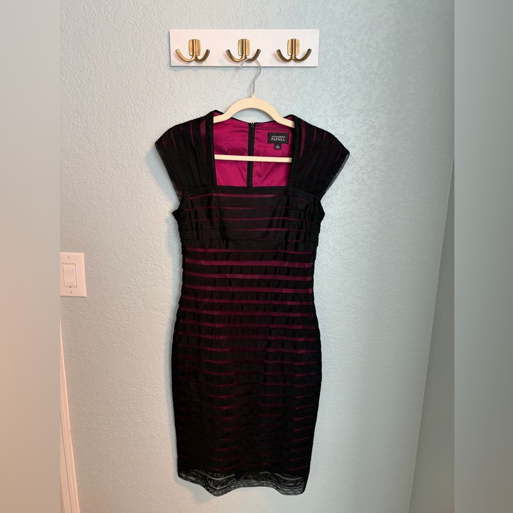 Adrianna Papell Black & Pink Mesh Stripe Sheath Dress | Size 6